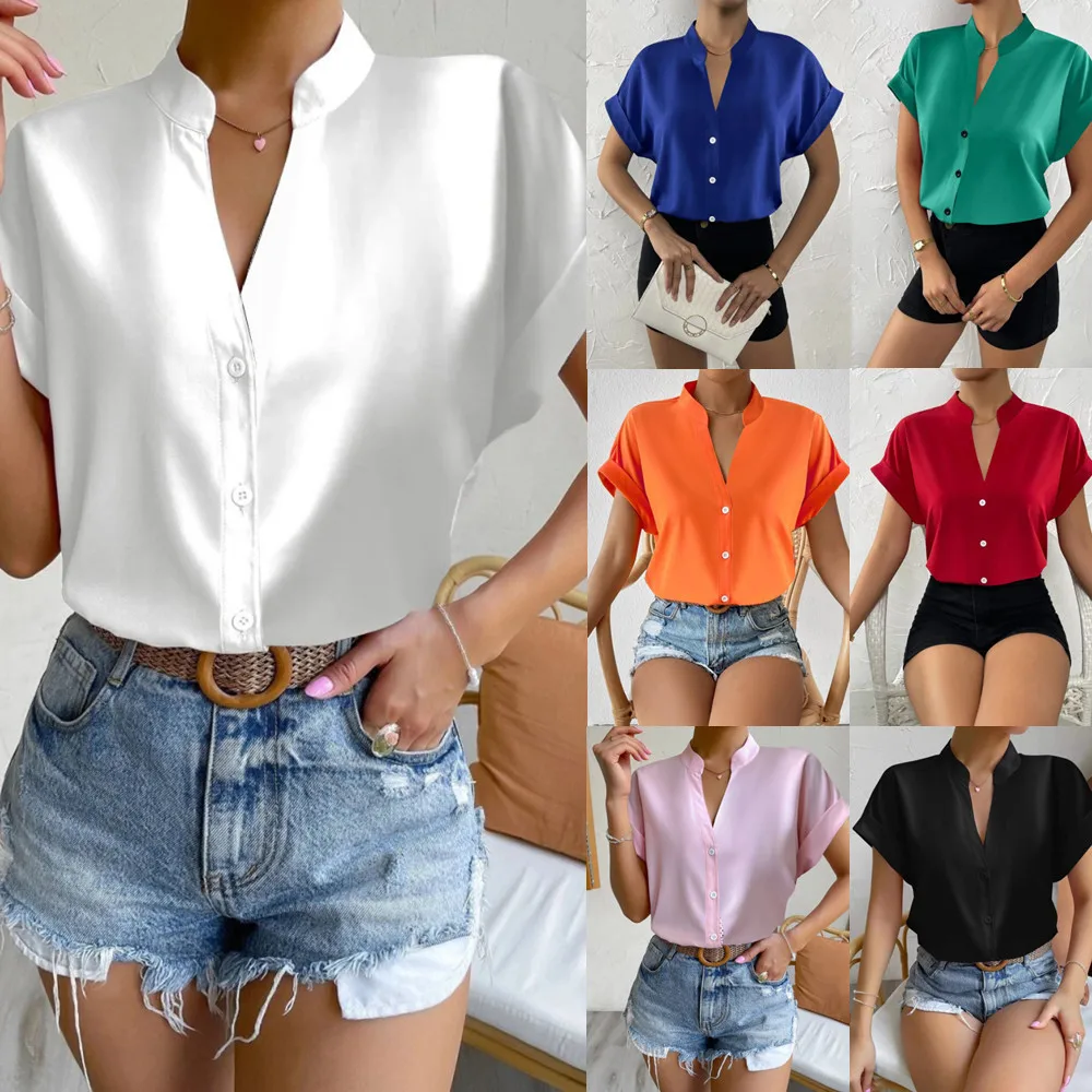 

Summer Short-sleeved Single-breasted Simple V-neck Women Shirt Shirt Women's Clothing