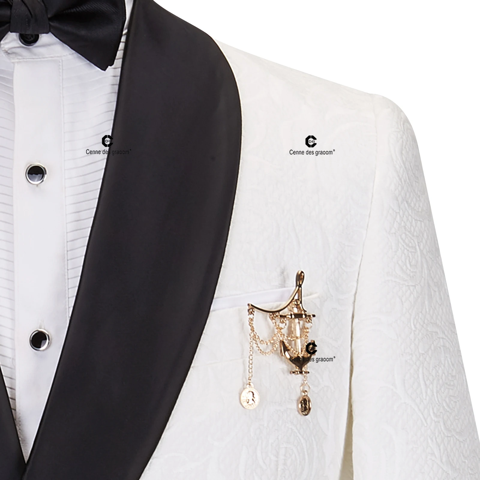 Cenne Des Graoom 2024 Men Suits Black and White Floral Paisley Tuxedo Pants Double Breasted with Single Metal Side Buckle Dinner 3