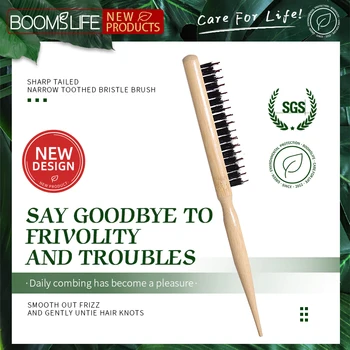 Custom Logo Boar Bristle Hair Brush Salon Teasing Back Fluffy Comb Wood Slim Line Hairbrush Extension Hairdressing Styling Tools