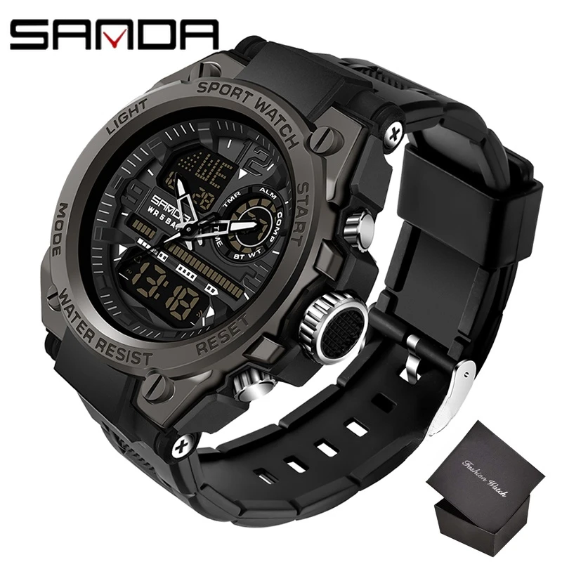2022 SANDA Quartz 5ATM Waterproof Men Clock Sport Dual Display Electronic Watch Top Brand Military Men's Watch Relogio Masculino 