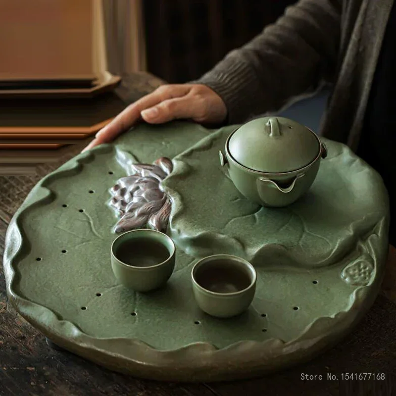 Chinese Style Ceramic Dry Tea Making Platform Household, Office Water Storage Type, Lotus Leaf Tea Tray, Drainage Tray, Creative