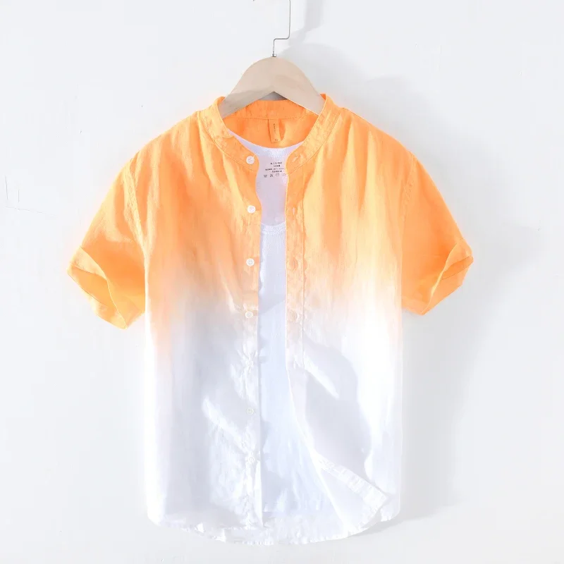 

100% Pure Linen Summer Gradient Shirts For Men Short Sleeve Fashion Shirt Man Casual Stand Collar Tops