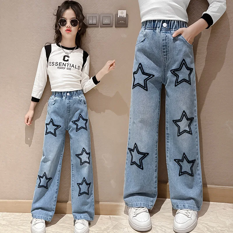 Girl's Jeans Blue Embroider Loose Straight Leg Pants Summer 2023 New Casual  Children's Clothing 12 13 Years Teens Kids Trousers - AliExpress