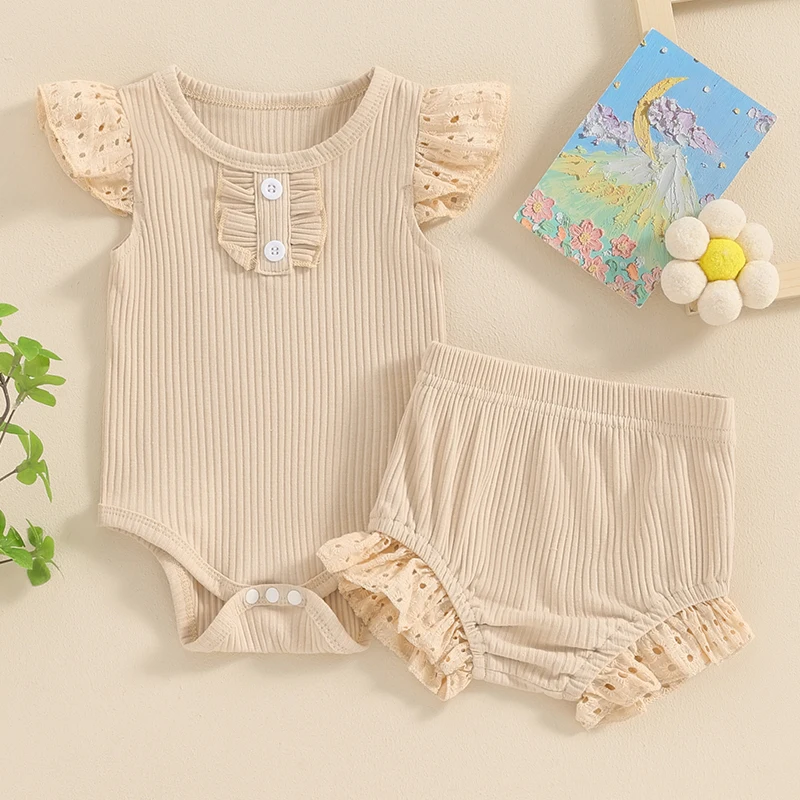 

0-18M Baby Girls Summer Outfits Fly Sleeve Romper Tops Ruffle Shorts Sets Newborn Infant Ribbed Ruffles Solid Color Clothes Set