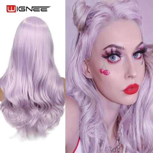 WIGNEE Bluish Light Blue Wig Synthetic Ombre Long Wavy Body Wave Side Part Heat Resistant Natural Hair Wigs For Women Cosplay Light Purple
