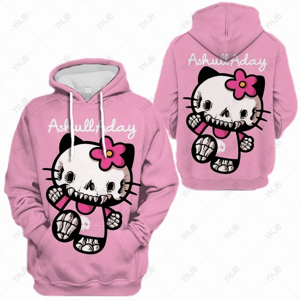 Moletom estampado Hello Kitty feminino, pulôver gráfico punk de Halloween, moletons Harajuku, moletons vintage, roupas de outono