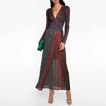 High-Quality Autumn New Style Elegant Fashionable Temperament Commuting Slim V-Neck Long-Sleeved Slit Knitted Dress 1