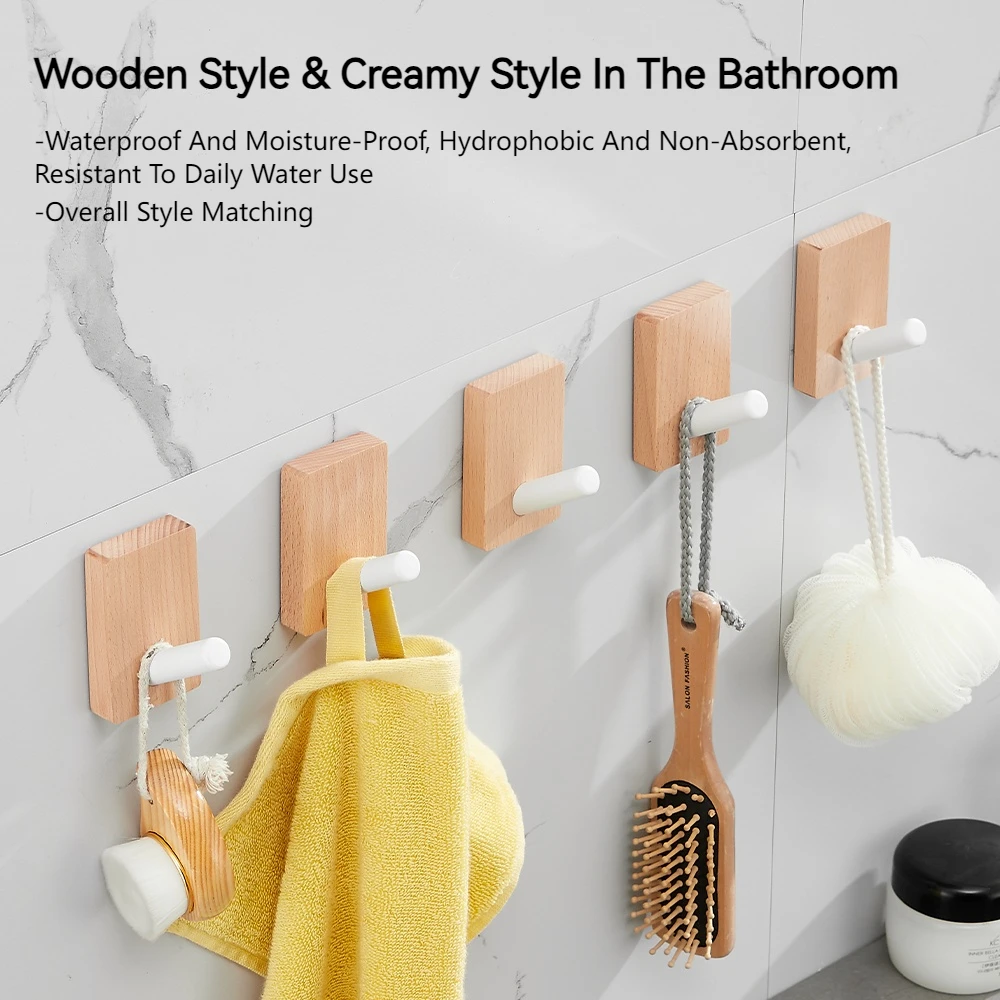 No Punching White/Black Walnut Coat Hooks Wall Hanging Bathroom Hooks For Towel & Coat Wooden Decorative Wall Hanger