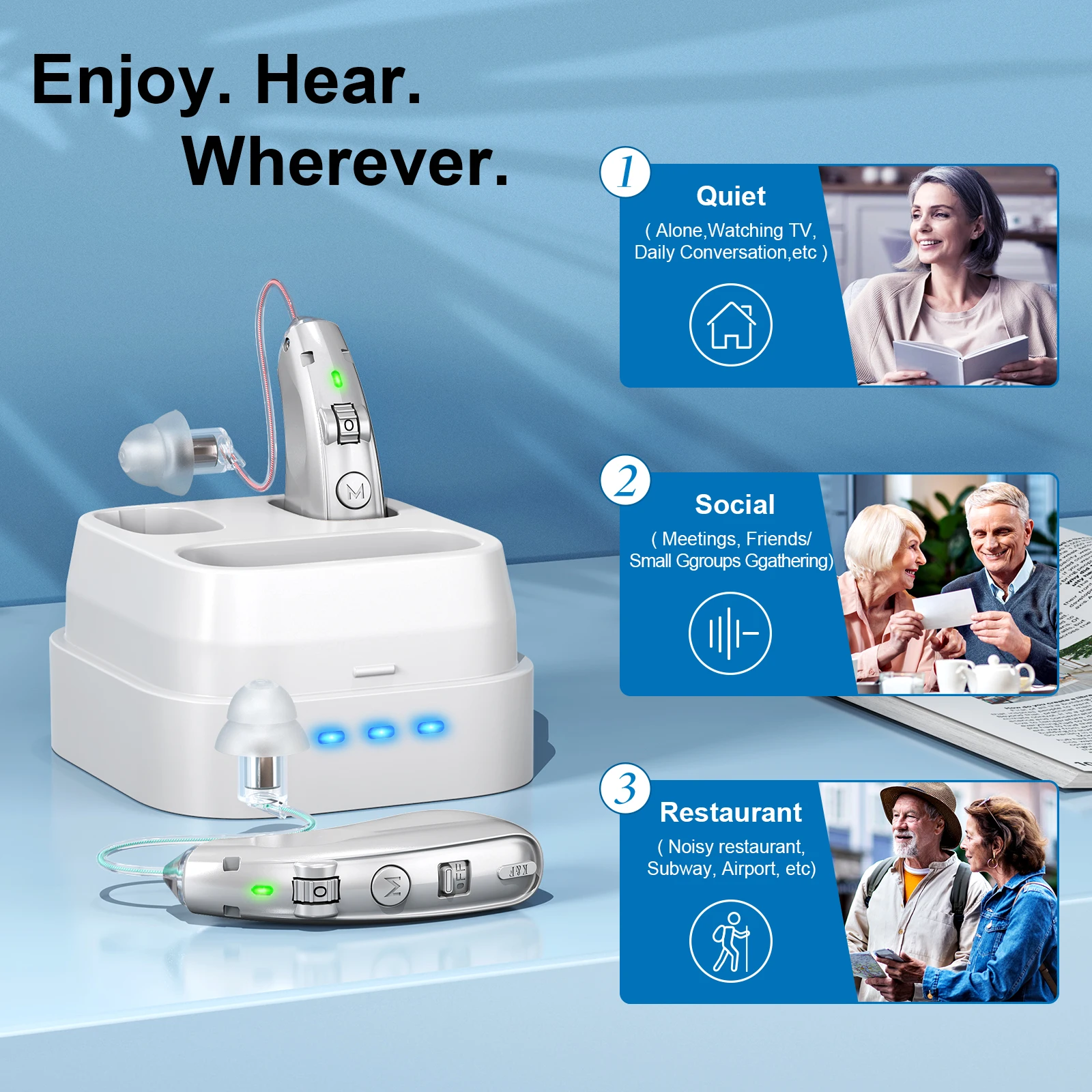 Rechargeable behind-the-ear hearing aid for the elderly, noise-cancelling amplified hearing aid with charging case 5