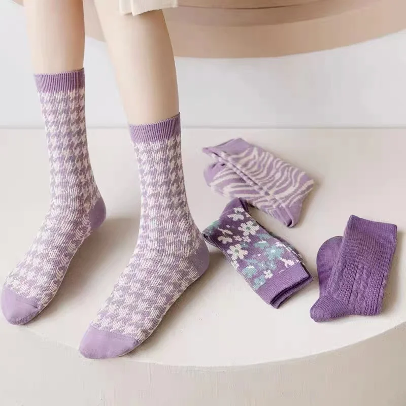 

5Pairs/Lot Funny Socks Cotton Warm Sock Four Seasons Comfortable Double Needle Knitted Women Middle Tube Socks with Print