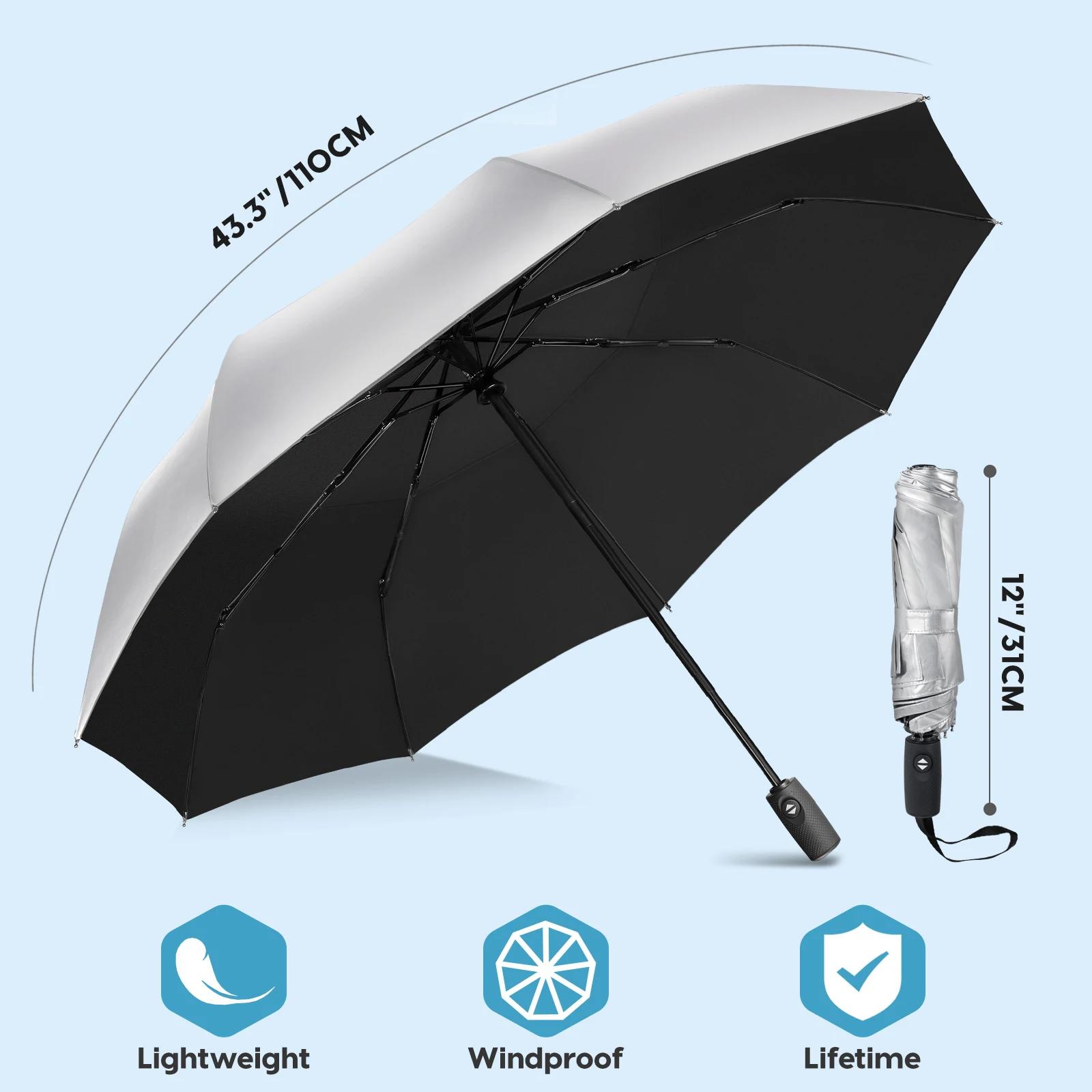 Wind Resistant Folding Automatic Umbrella Rain Women Auto Luxury Big Windproof Umbrellas Rain for Men silvery Coating Parasol