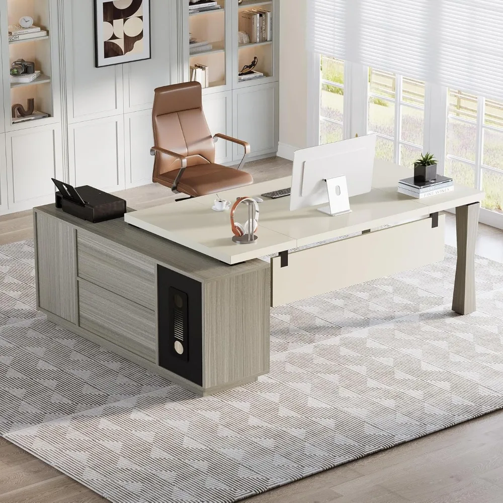 71-Inch Executive Desk, L-Shaped Desk with Cabinet, Large Office Desk with Storage Shelves, Writing Table Desk Business Furnitu 5