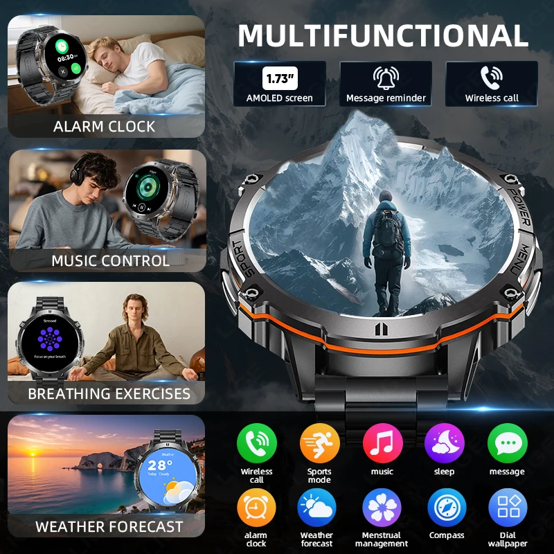 LIGE Outdoor 900mAh Large Battery Smartwatch 1.73" AMOLED Compass Barometric Altimeter BT Voice Calling Smart Watch 107 Sports