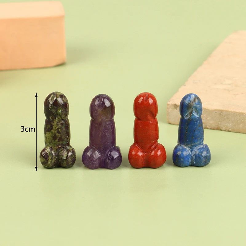 1" Cut Mini Penis Figurine Natural Crystal Stones Amethyst Quartz Carving Phallus Fertility Amulet Dick Testicle Home Decor Gift