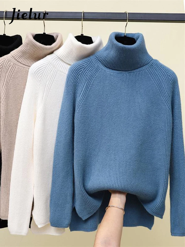 

Khaki Blue White Turtleneck Sweater Female Thick Loose Pullover Bottoming Top Female Knitted Sweaters Women's Clothing