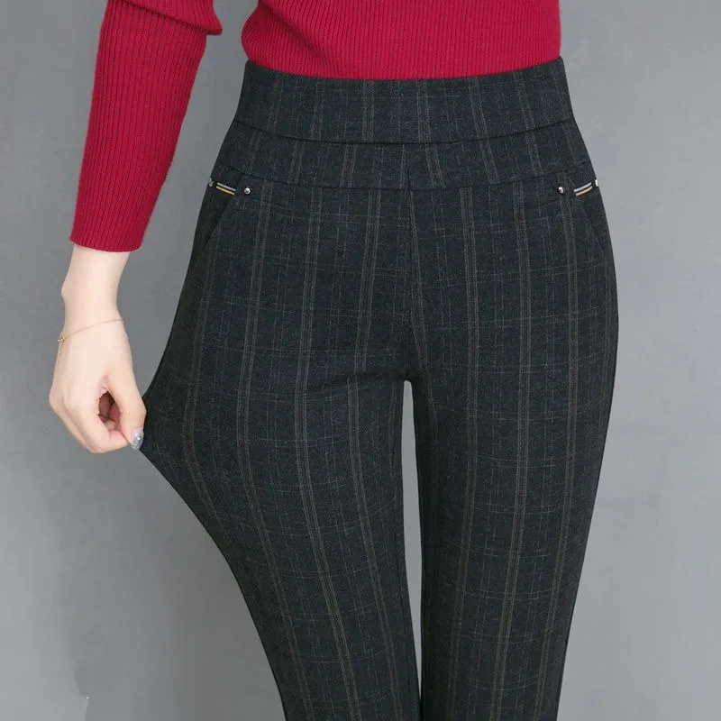 Women's Elastic Waist Stripe Plaid Thickened 2023 Autumn and Winter High Waist Button Pocket Rivet Straight Loose Relaxed Pants