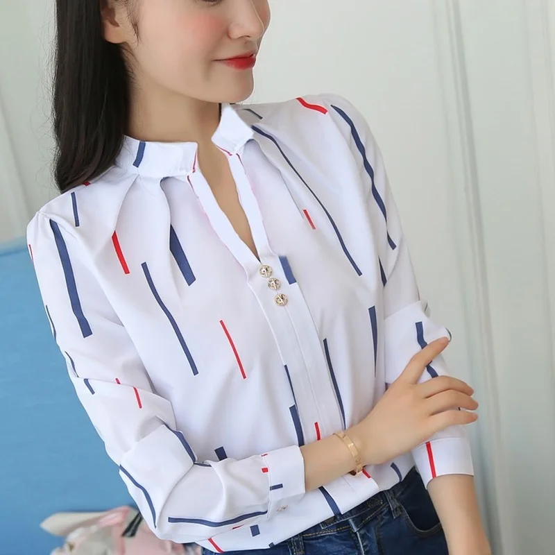 

2023 Women White Tops Women's Blouses Fashion Stripe Print Casual Long Sleeve Office Lady Work Shirts Female Slim Blusas New