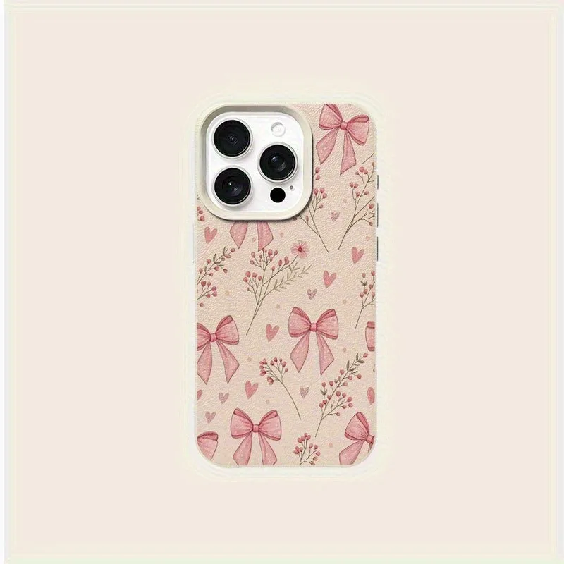 Pink Floral Bow Lychee Texture Soft Phone Case
