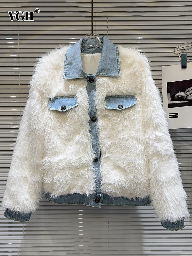 

VGH Patchwork Denim Casual Faux Fur Coats For Women Lapel Long Sleeve Spliced Single Breasted Temperament Coat Female Fashion