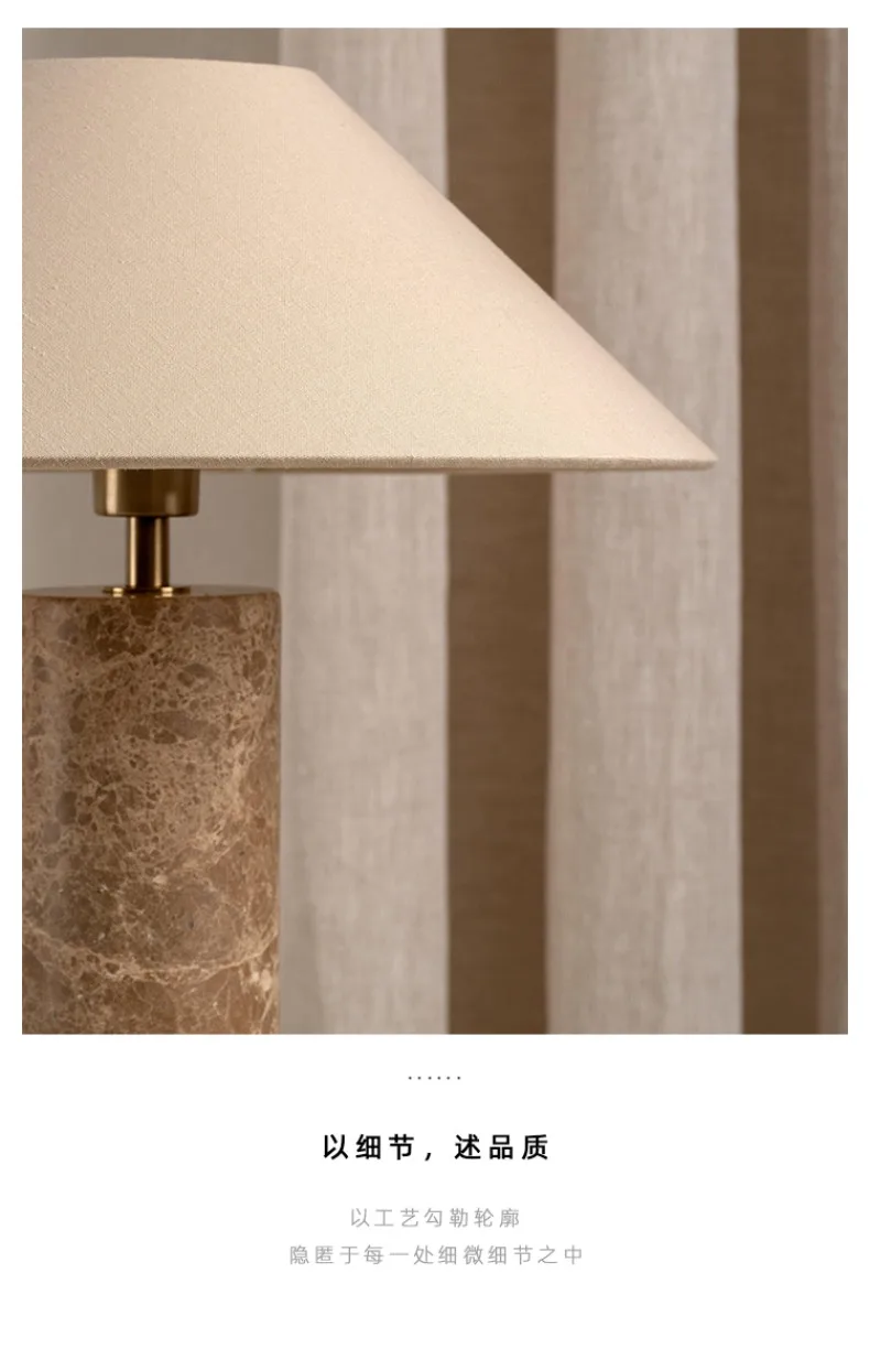 Nordic Cylindrical Marble LED Table Lamp White Fabric Lampshade Living Room Study Restaurant Bedroom Desk Lights Home Decoration