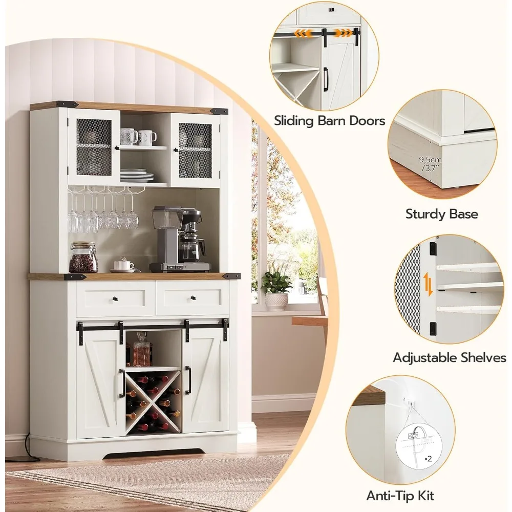 Tall Coffee Bar Cabinet, Farmhouse Bar Cabinet with Light and Power Outlet, 70.8" Buffet Cabinet with Storage, Sliding Barn Door