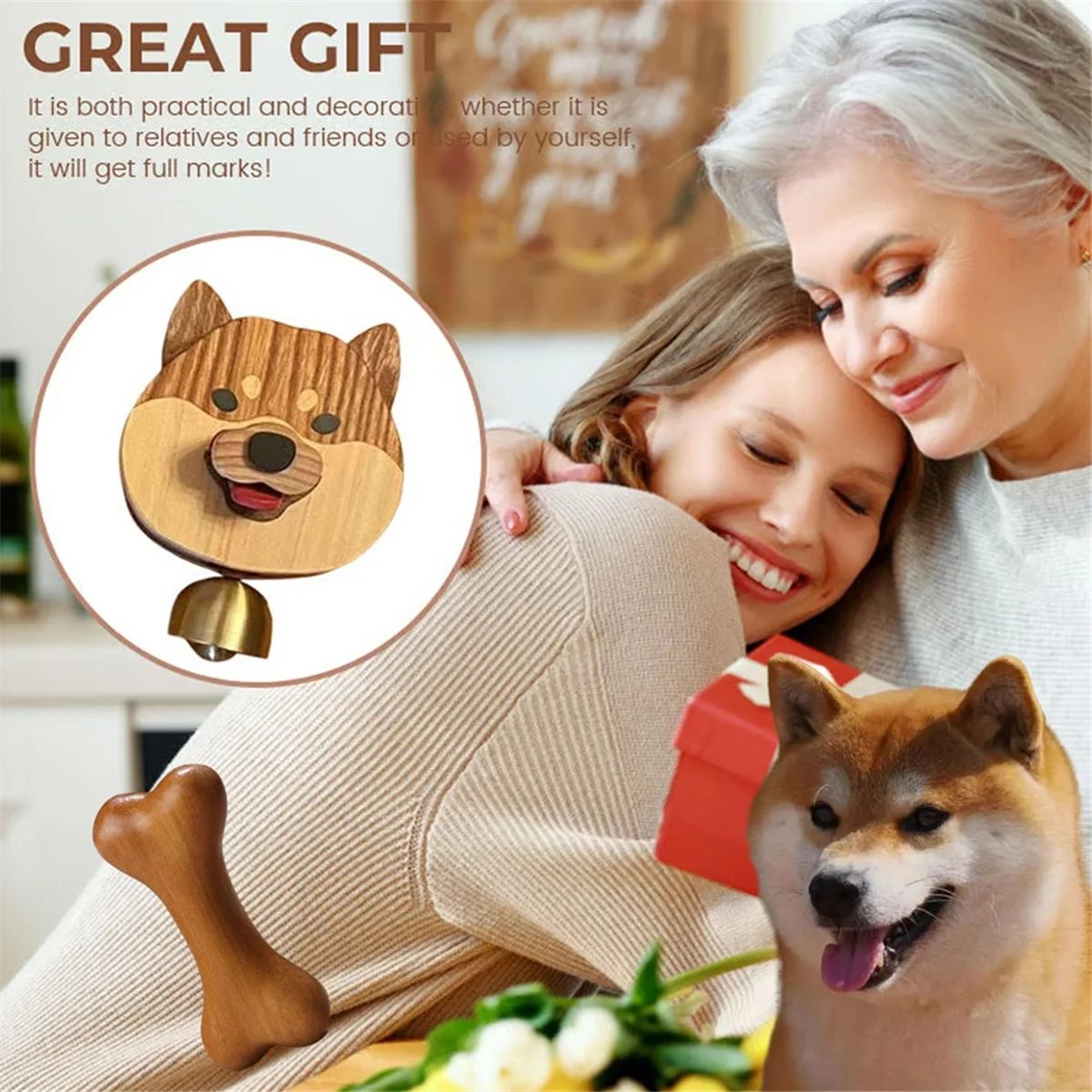 A04R-Wooden Shiba Inu Wind Chime Doorbell, Hanging Decoration Wind Chime, Wood Products Doorbell Shiba Inu Doorbell