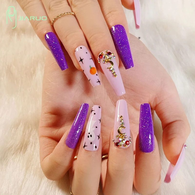 JIARUO 24PCS/BOX Long Press on Coffin Nails Fake Nail Art Y2k Vignette  Simple French Purple Three-dimensional Floret Paste Nail - AliExpress