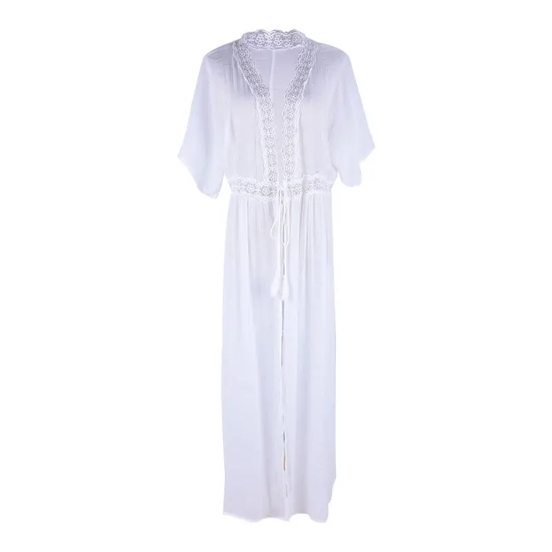 Women Beach Dress Swimwear Sexy Lace Bikini Cover Up Kaftan Swimming Suit Crochet Open Front Maxi White Long Kimono Coverup Cape 5
