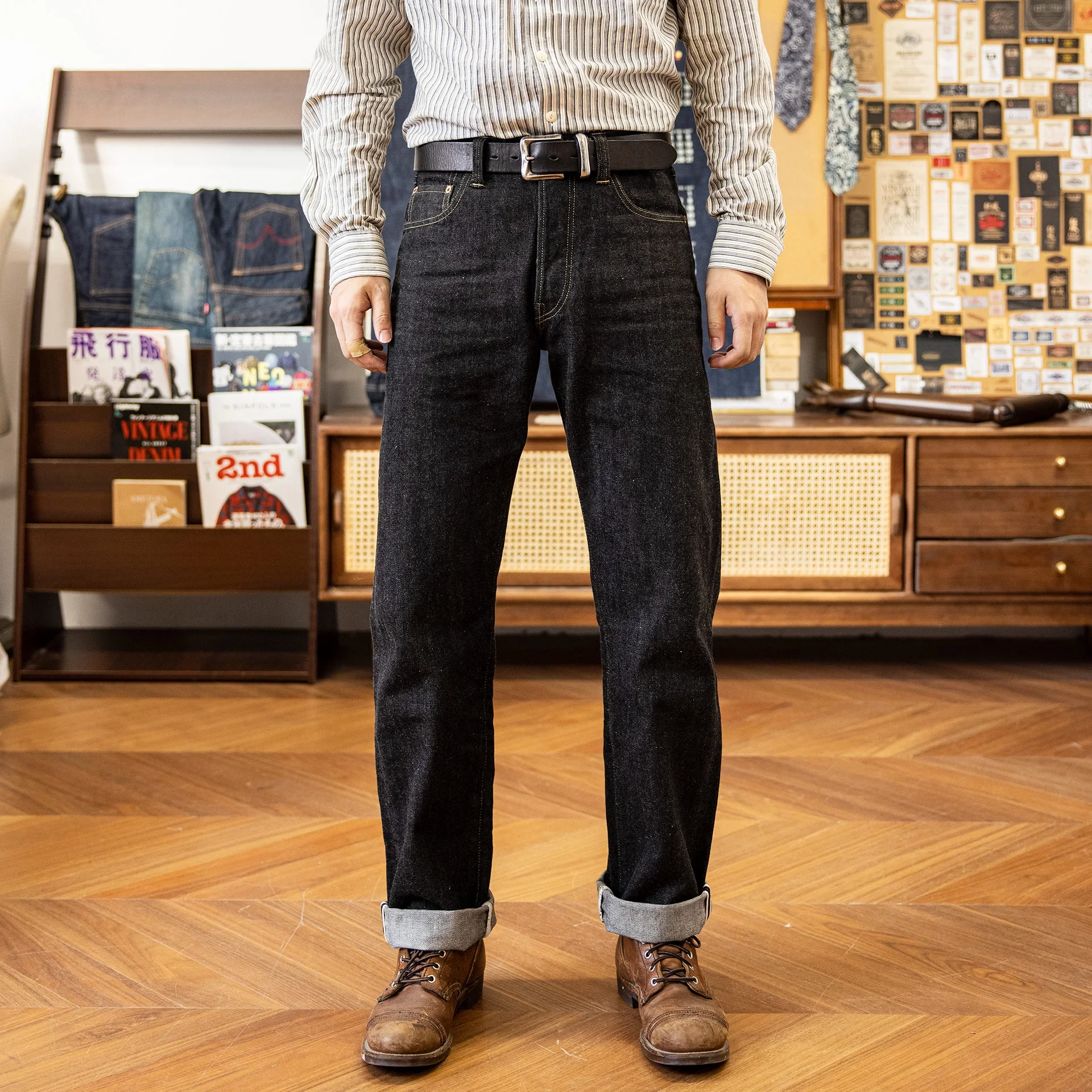 FW-601B Indigo Selvage Washed Slim Fitting Pants Sanforized Black Raw Denim Jean 14oz 2