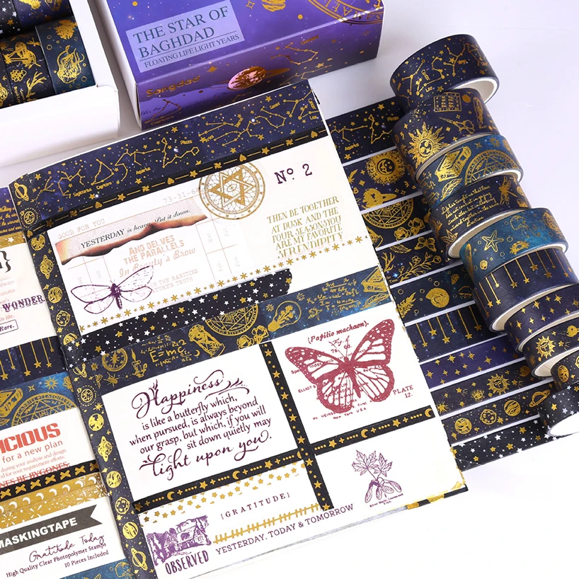 10 Rolls Geometry Washi Tapes Decorative Adhesive Tape Stationery Gold Foil Washitape Scrapbooking Supplies Washi Tape Set 4