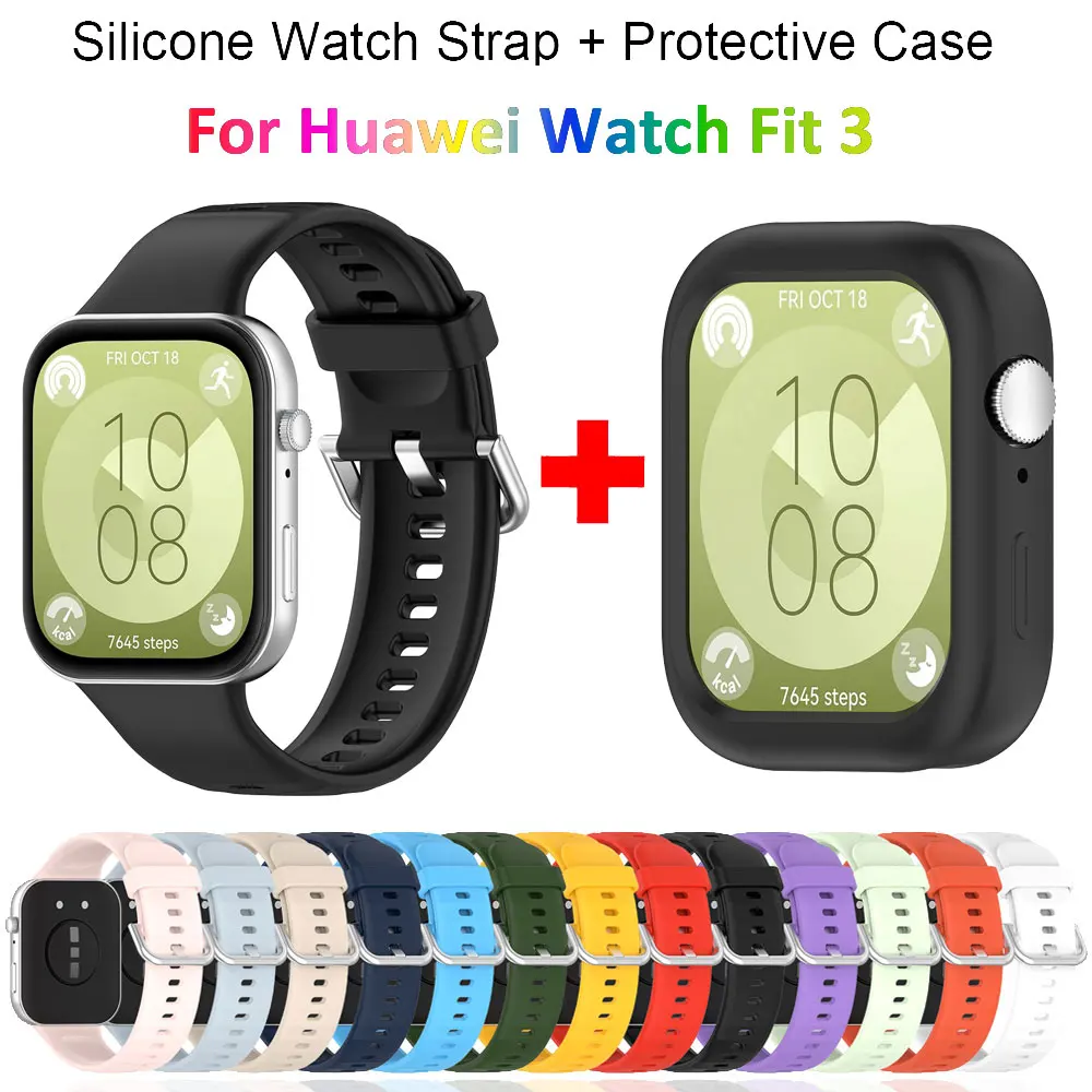 Silicone Watch Strap with Protective Case for Huawei Watch Fit 3: All-In-One Band and Screen Protector Combo