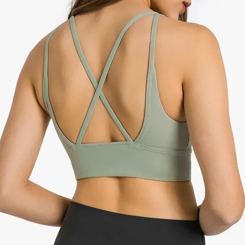 Lemon Sexy V Neck Women Sport Bra Cross Straps Fitness Padded Sport Yoga Bra Medium Support Workout Crop Top Gym Wear Activewear