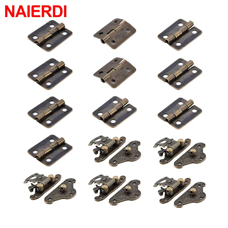Furniture Hardware 5Pcs Antique Bronze Jewelry Wooden Box Case Hasp Latch +10Pcs Cabinet Hinges Iron Door Hinge Vintage Hardware Furniture
