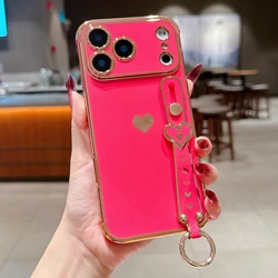 Love Heart Wrist Strap Case - Premium Fashion Phone Cover - iPhone 15 Plus (Rose red)