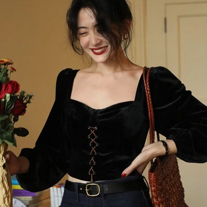 Plus Size Women Black Short Velvet Long-sleeved Shirt 2024 Spring Autumn Shellort Winter Blouses French Retro Chic Design Tops