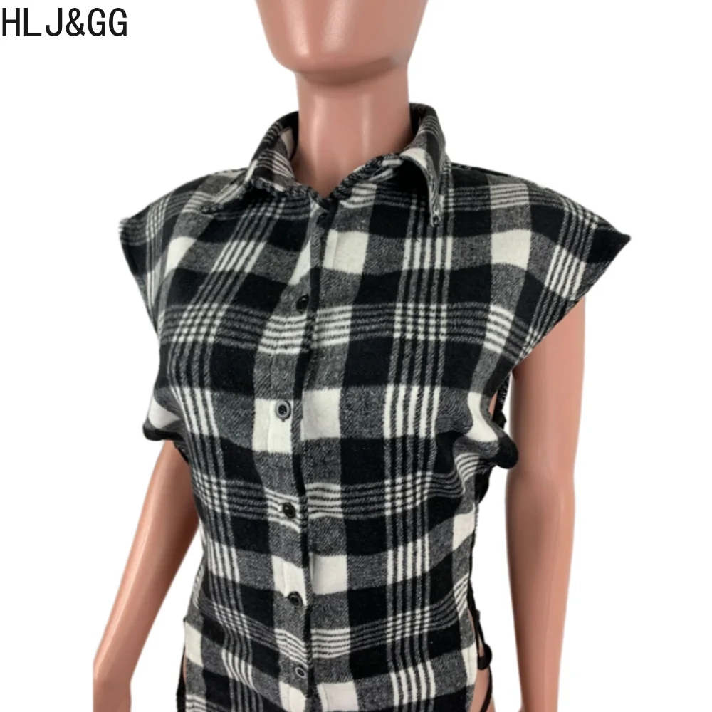 HLJ&GG Spring New Plaid Print Side Bandage Tops Women Turndown Collar Short Sleeve Button Slim Shirt Casual Female Irregular Top
