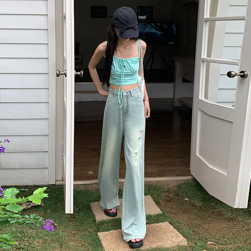 Denim Planet Distressed Wide Leg Jeans Summer New Straight Fit Loose Fit High Waist Slim Fit and Floor Mopping Women's Jeans