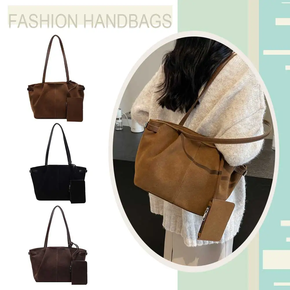 Women Suede Tote Bag with Inner Pocket Underarm Bag with Zipper Solid Color Satchel Bag for Work Travel