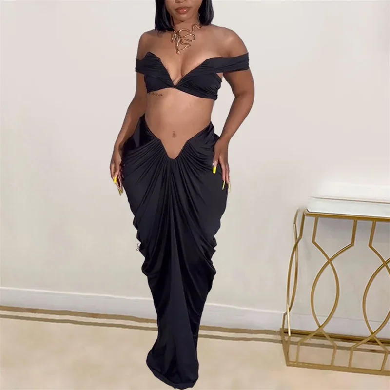 Sexy Sleeveless Backless Mini Tops Women Two-piece Set V-shaped Waist Slim Fit Pleated Wrap Hip Skirt Female Casual Party Suits