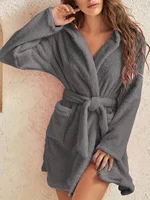 1 piece of women's solid color hooded robe with belt, cozy and warm fleece pajamas for home wear in autumn and winter. - Image 6