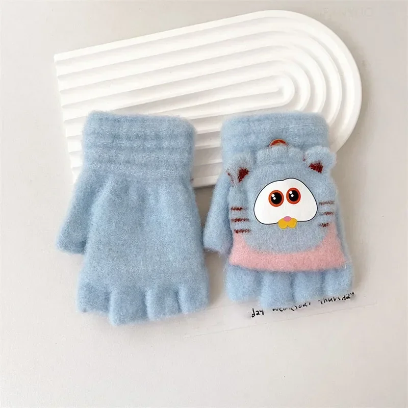 Cute Children Half Finger Gloves Autumn Winter Flip Cover Warm Boy Girl Student Mittens Cartoon Kids Writing Cycling Gloves 4-8Y cycling gloves winter gloves