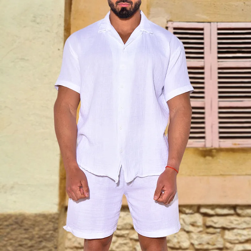 

Casual Fashion Short Sleeve Button Shirt Top Shorts Linen Suit Vacation Outfits Summer Men Two Piece Shorts Set Sport Tracksuit