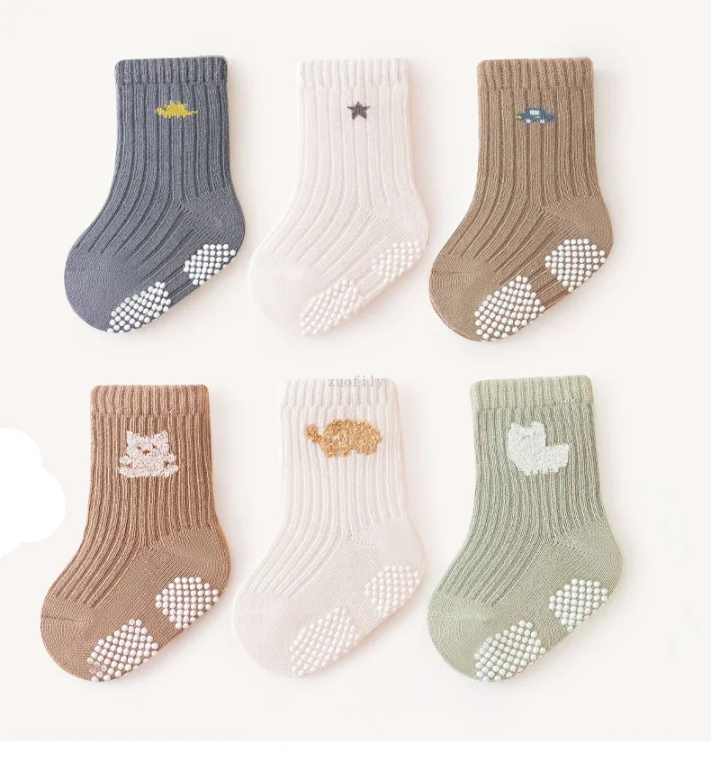 3Pairs Spring Autumn Newborn Baby Glue Anti-slip Solid Floor Socks Cute Cartoon Non-slip Mid-tube Cotton Stockings for Boy Girls cotton socks,kids socks,baby socks,girls socks,cartoon socks