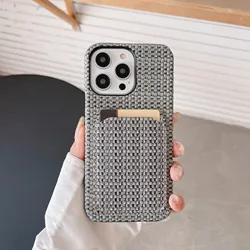 Elegant Women's Woven Card Slot Phone Case - Anti - Wear Wallet Cover, Dirt & Wear - Resistant - iPhone 15 Plus (Black)