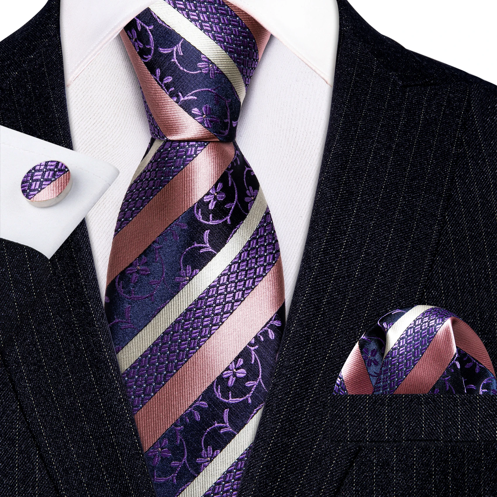 

Silk Men Tie Set Purple Pink Striped Floral Necktie Handkerchief Cufflins Set Wedding Gift Business Cravate Barry·Wang 6330