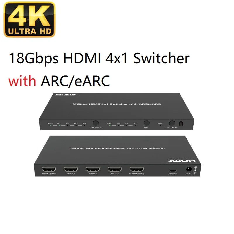 18Gbps HDMI Switcher Selector 4x1 with ARC eARC HDR 10+ Dolby Vision