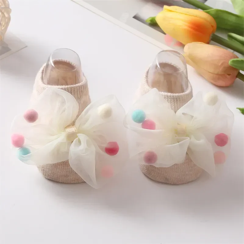 Korean Baby Pompom Gauze Socks with Bow for Girls Rubber Anti-slip Newborn Infant Princess Socks Little Girl Socks 0-3 Years Old 2