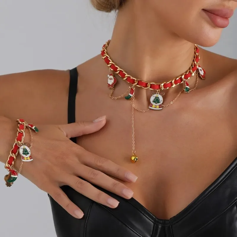 Cute Christmas Red Green Choker Clavicle Necklace for Women Xmas New Year Party Gift Festival Metal Girl Jewelry