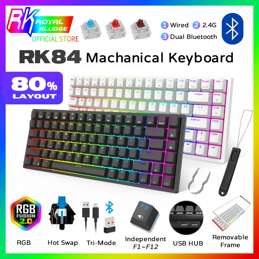 

RK ROYAL KLUDGE RK84 75% RGB Triple Mode Mechanical Keyboard BT5.0/2.4G/USB-C 84 Hot Swappable Bluetooth Wireless Gamer Keyboard