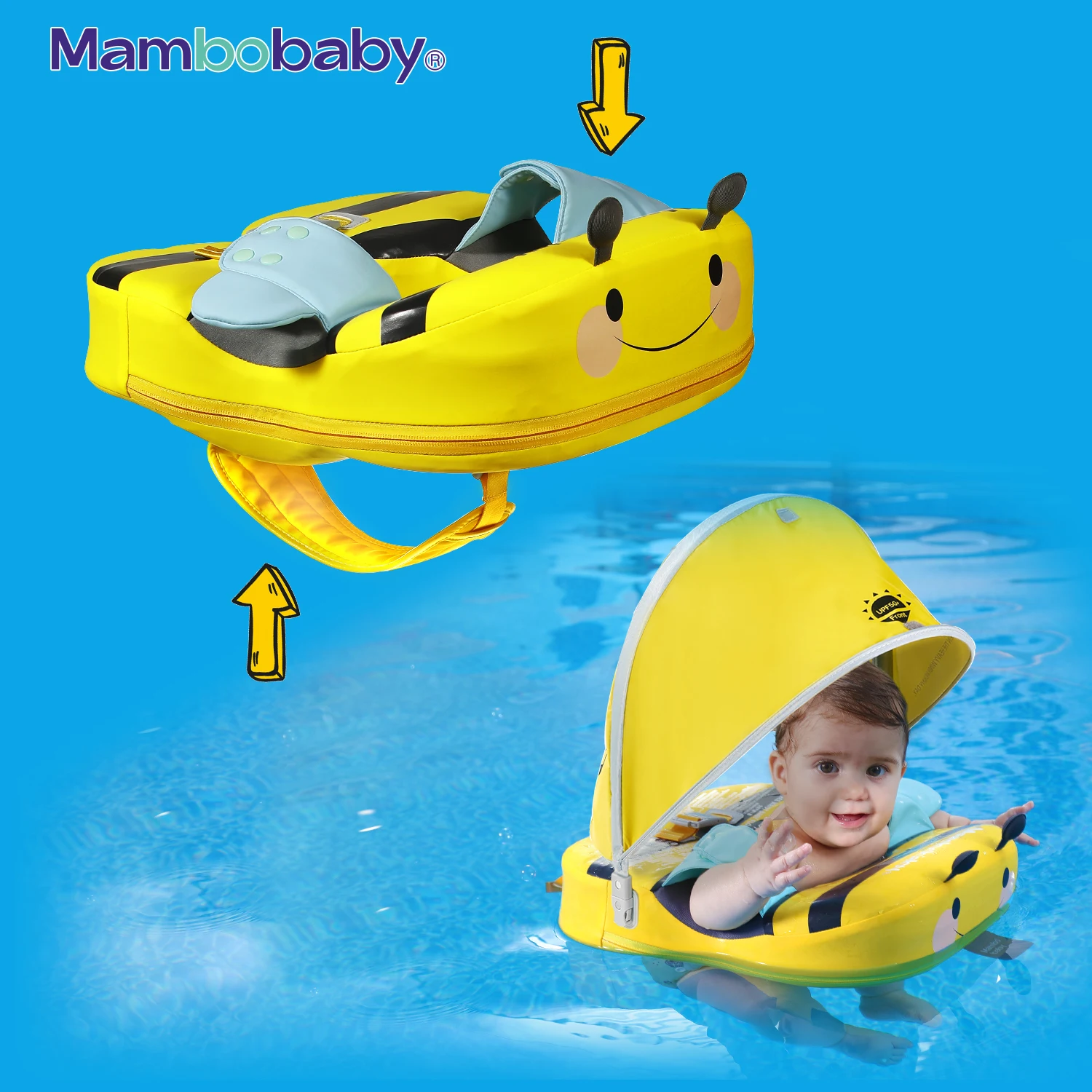 Baby Float With Crotch Strap & Inflation-free Solid Core Mambobaby Kid Swimming Ring Have Sunshade 0-7 Yeas Old Swim Pool Tube 6